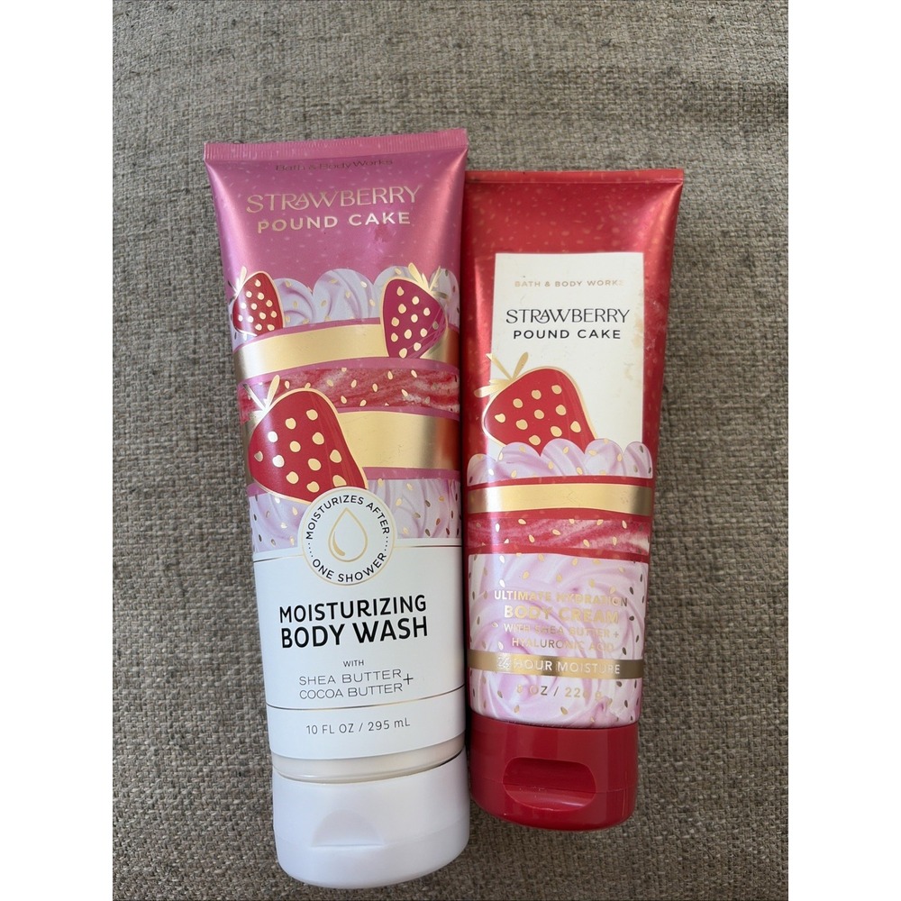 2 pc LOT Bath & Body Works STRAWBERRY POUND CAKE Moisturizer Body Wash & Cream